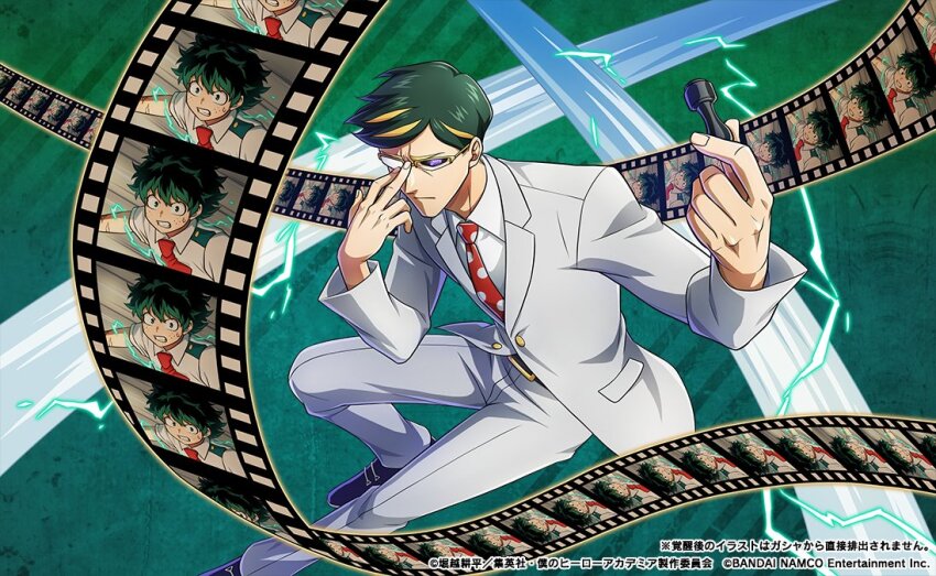 2boys boku_no_hero_academia dress_pants dress_shoes formal_clothes glasses green_hair jacket midoriya_izuku multicolored_hair multiple_boys narrowed_eyes non-web_source polka_dot_necktie sir_nighteye streaked_hair suit suit_jacket tall white_suit yellow_eyes