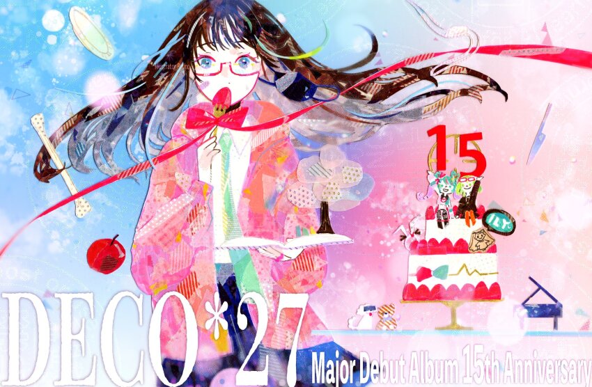 1girl ai_kotoba_iii_(vocaloid) ai_think_so_(vocaloid) anniversary birthday_cake book bow brown_hair cake cake_stand collared_shirt colored_inner_hair commentary_request cowboy_shot deco_miku english_text food fork fruit green_necktie gumi hatsune_miku hibana_(vocaloid) highres holding holding_book holding_fork jacket jewelry long_sleeves mask mask_around_one_ear masking_tape monitoring_(vocaloid) mousou_kanshou_daishou_renmei_(vocaloid) mouth_mask multicolored_hair necktie ojama_mushi_(vocaloid) ojama_mushi_ii_(vocaloid) open_book open_clothes open_jacket orange_jacket original otome_kaibou_(vocaloid) pink-framed_eyewear pink_eyes pink_hair purple_skirt rabbit_hole_(vocaloid) red_bow red_ribbon ribbon ring ryono semi-rimless_eyewear shirt skirt solo song_request strawberry traditional_media unconventional_media under-rim_eyewear vampire_(vocaloid) vocaloid watermark white_shirt wispy_bangs yowamushi_mont-blanc_(vocaloid)