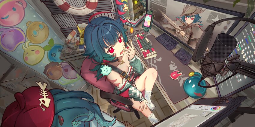absurdres acoustic_foam anchor anglerfish_girl antennae bare_legs bare_shoulders breasts cawfy cellphone choker computer computer_keyboard computer_mouse computer_tower cthulhu desk fish_skeleton food highres indie_virtual_youtuber indoors kitanya_nyanta lifebuoy livestream max_(kitanya) microphone monitor mousepad_(object) multiple_monitors octopus pale_skin petite phone recording_studio red_eyes shorts small_breasts smartphone socks stream_deck swim_ring trash twitch.tv twitch_chat video_game virtual_youtuber yawning