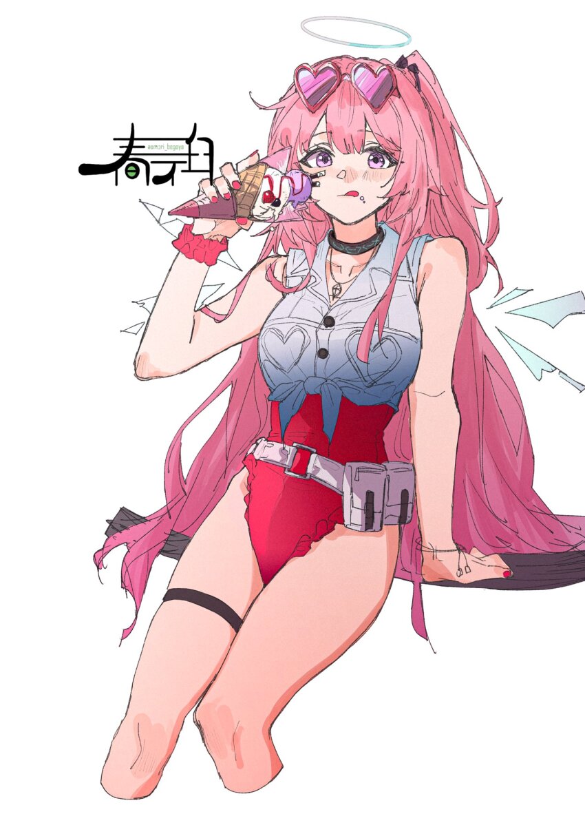 1girl ambriel_(arknights) ambriel_(holiday)_(arknights) arknights bare_shoulders cropped_jacket eyewear_on_head food grey_jacket halo harukan_tiusu highres holding holding_food holding_ice_cream ice_cream infection_monitor_(arknights) jacket long_hair looking_at_viewer nail_polish one-piece_swimsuit pink_eyes pink_hair pink_nails red_one-piece_swimsuit solo sunglasses swimsuit thigh_strap white_background