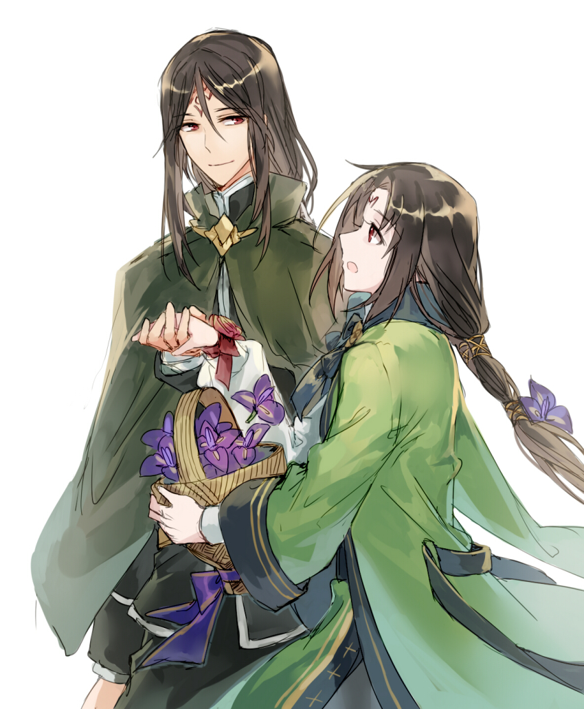 2boys basket black_hair coat commentary_request facial_mark fire_emblem fire_emblem:_path_of_radiance fire_emblem:_radiant_dawn fire_emblem_heroes flower flower_basket forehead_mark green_coat highres holding holding_basket holding_hands jnsghsi long_hair male_focus multiple_boys nintendo official_alternate_costume purple_flower rajaion red_eyes soren_(fire_emblem) soren_(valentine)_(fire_emblem) spoilers uncle_and_nephew