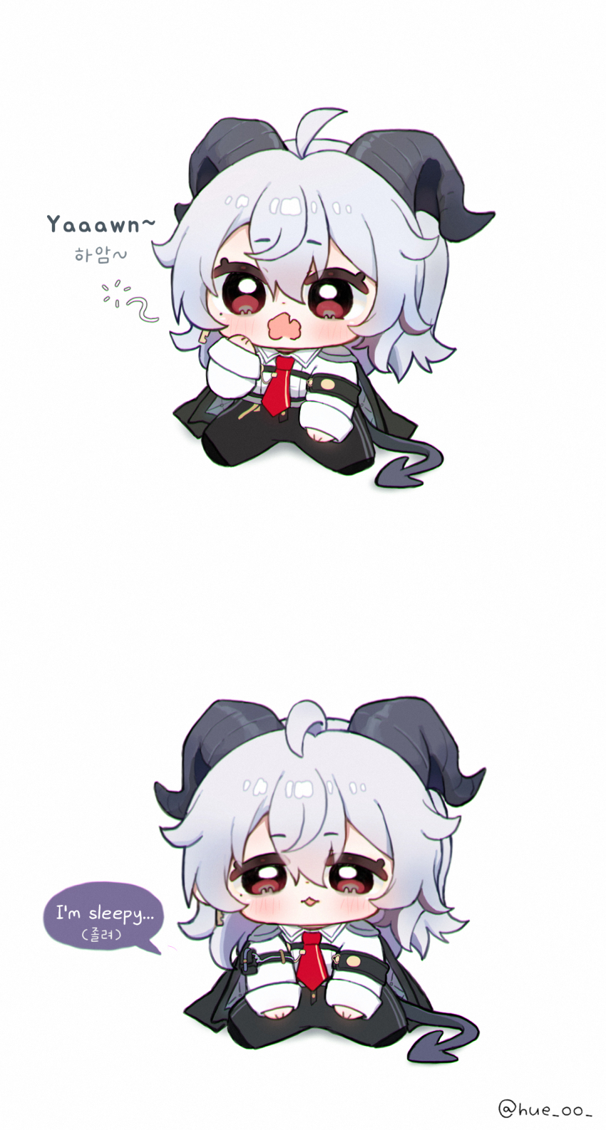 1girl ahoge armband black_armband black_horns black_jacket black_pants black_tail chest_harness chibi chibi_only commentary curled_horns demon_tail english_text grey_hair hair_between_eyes hand_up harness highres horns hue_oo jacket jacket_on_shoulders light_blush long_hair looking_at_viewer multiple_views necktie open_mouth pants parted_lips red_eyes red_necktie shirt simple_background sitting symbol-only_commentary tail twitter_username white_background white_shirt wuthering_waves yawning zani_(wuthering_waves)
