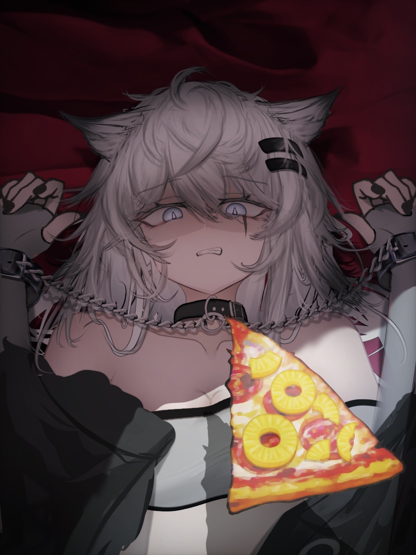 1girl absurdres animal_ear_fluff animal_ears arknights bandeau bare_shoulders black_jacket chain clenched_teeth collar collarbone food grey_eyes grey_hair highres jacket lappland_(arknights) long_hair lying mebe_(teadia_violet) on_back pineapple_on_pizza pizza restrained scar scar_across_eye scar_on_face solo teeth white_bandeau wolf_ears wolf_girl
