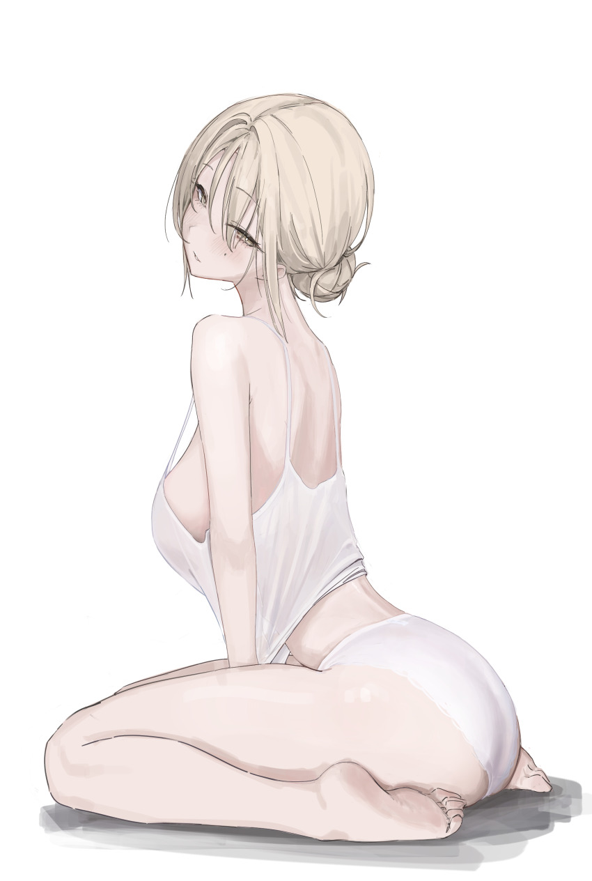 1girl absurdres ass bare_shoulders barefoot between_legs blonde_hair blush breasts feet from_side hair_bun half-closed_eyes hand_between_legs highres laneigu large_breasts long_hair looking_at_viewer mole mole_under_eye original panties parted_lips simple_background single_hair_bun sitting sleeveless solo tank_top thighs underwear wariza white_background white_panties white_tank_top yellow_eyes yuzu_(laneigu)