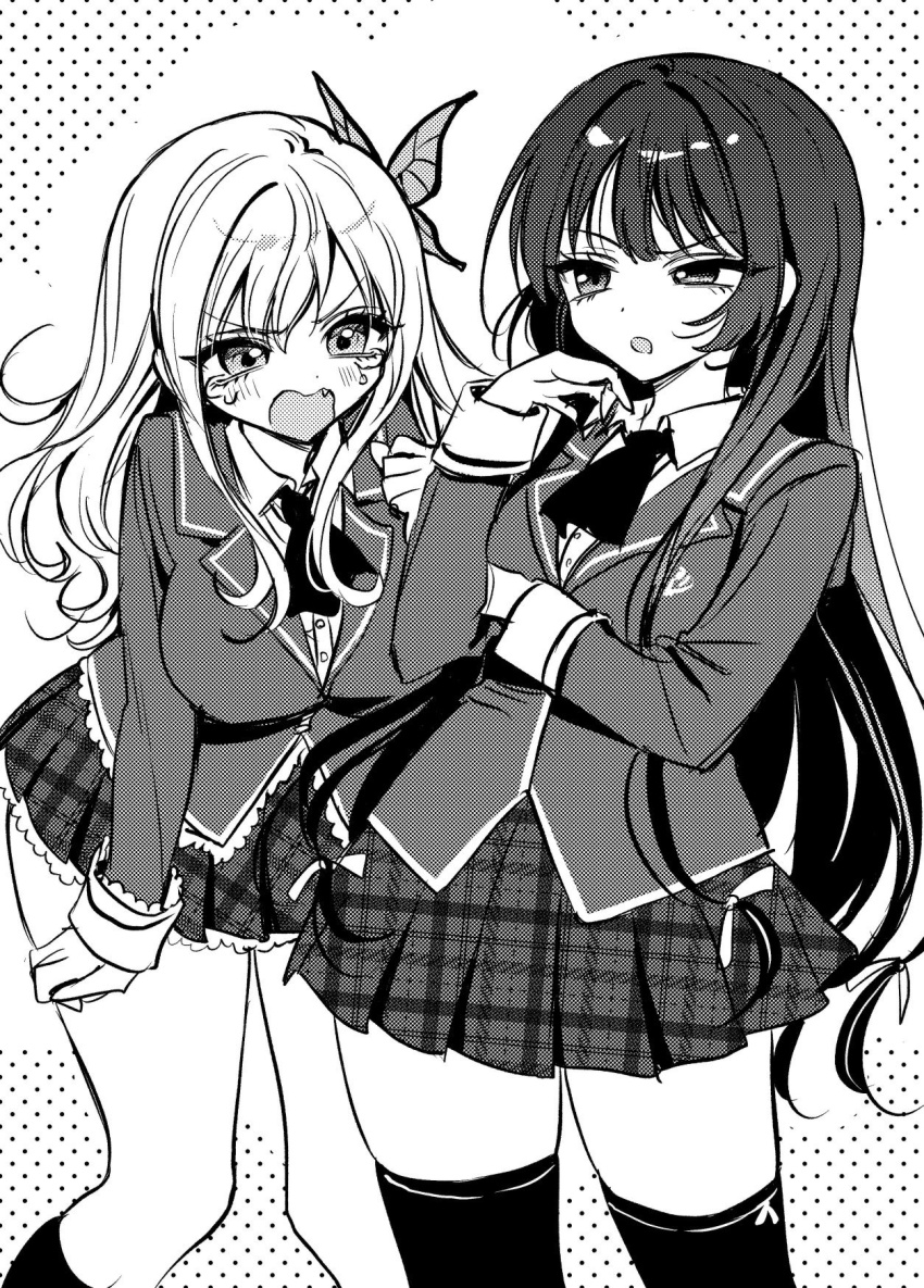 2girls akiyama_enma blazer blush boku_wa_tomodachi_ga_sukunai breasts butterfly_hair_ornament collared_shirt commentary_request cowboy_shot dress_shirt feet_out_of_frame greyscale hair_ornament half-closed_eye highres jacket kashiwazaki_sena large_breasts long_hair long_sleeves medium_breasts mikazuki_yozora miniskirt monochrome multiple_girls open_mouth plaid_clothes plaid_skirt pleated_skirt school_uniform shirt simple_background skirt socks thighhighs very_long_hair white_background zettai_ryouiki