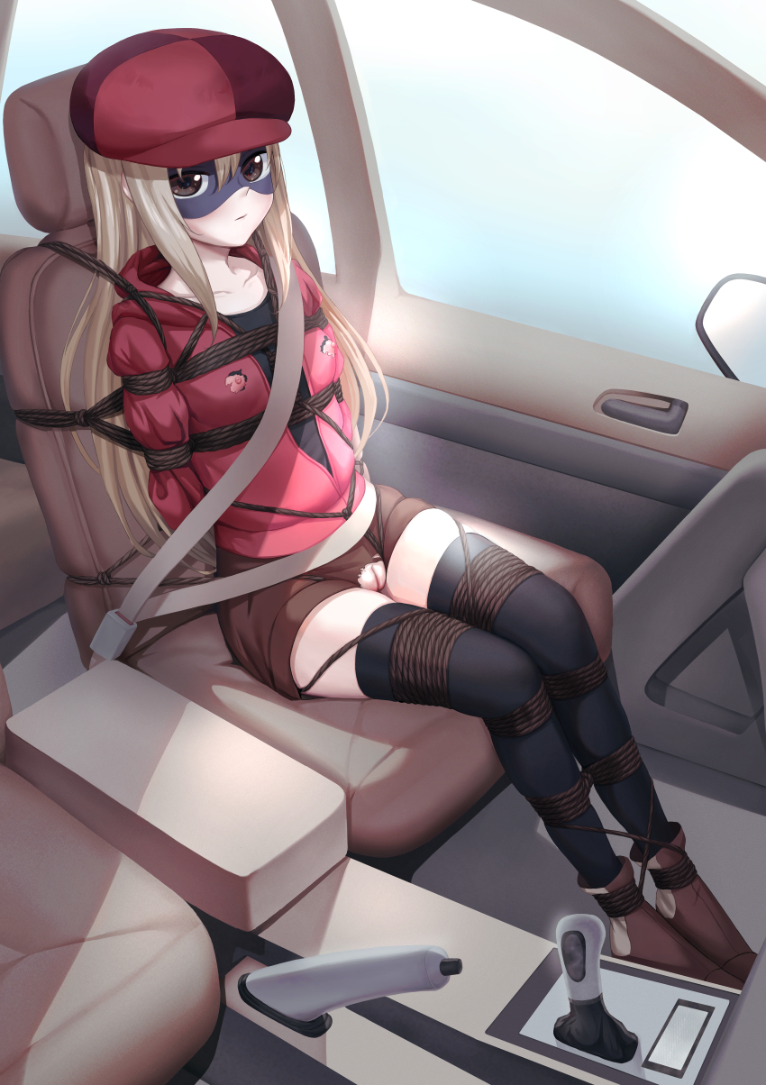 1girl absurdres arms_behind_back bdsm black_shirt black_thighhighs blonde_hair blush bondage boots bound bound_arms bound_legs bound_torso breasts brown_eyes car car_interior collarbone crotch_rope disguise doma_umaru female_focus flat_chest hair_between_eyes hat highres himouto!_umaru-chan himouto!_umaru-chan_r huge_filesize indoors jacket long_hair looking_ahead looking_at_viewer looking_to_the_side mask mirror motor_vehicle nipple_cutout nipples outdoors public_bondage public_indecency pussy pussy_cutout red_hat red_jacket seatbelt shibari shibari_over_clothes shirt short_shorts shorts sidelocks skin_tight skindentation small_breasts solo tabby_(8401431) thighhighs thighs torn_clothes uncensored very_long_hair zettai_ryouiki