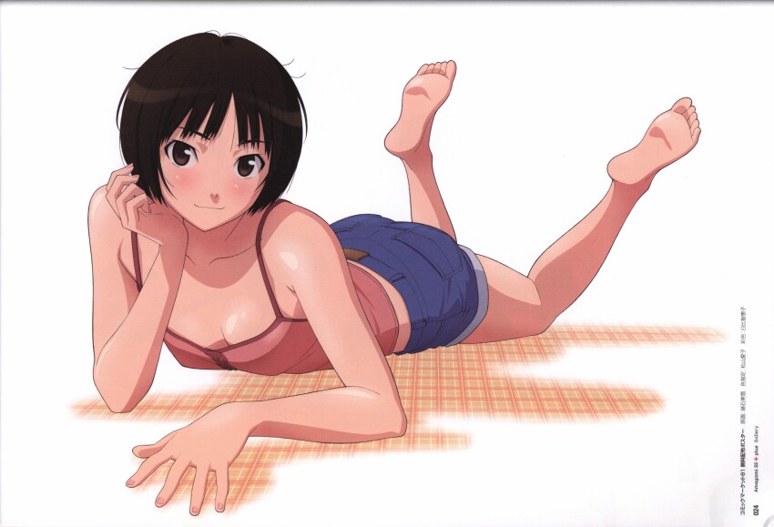 1girl absurdres amagami artbook ass bare_shoulders barefoot blue_shorts blush bob_cut breasts brown_eyes brown_hair camisole cleavage closed_mouth collarbone denim denim_shorts drop_shadow elbow_rest english_text feet_up full_body hand_on_floor hand_on_own_cheek hand_on_own_face head_rest head_tilt highres light_blush light_smile looking_at_viewer loose_hair_strand lying messy_hair midriff_peek mixed-language_text moroishi_miyuki non-web_source official_art on_floor on_stomach pink_camisole promotional_art red_trim scan scan_artifacts screentones shiny_skin short_hair short_shorts shorts small_breasts smile soles solo tachibana_miya the_pose toes white_background