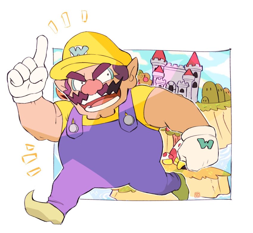 1boy big_nose brown_hair castle cleft_chin clenched_hand cutie-png facial_hair gloves green_footwear hat highres mario_(series) mustache nintendo overalls pointy_ears purple_overalls shirt super_mario_land_2 thick_eyebrows wario wario_land white_gloves yellow_hat yellow_shirt
