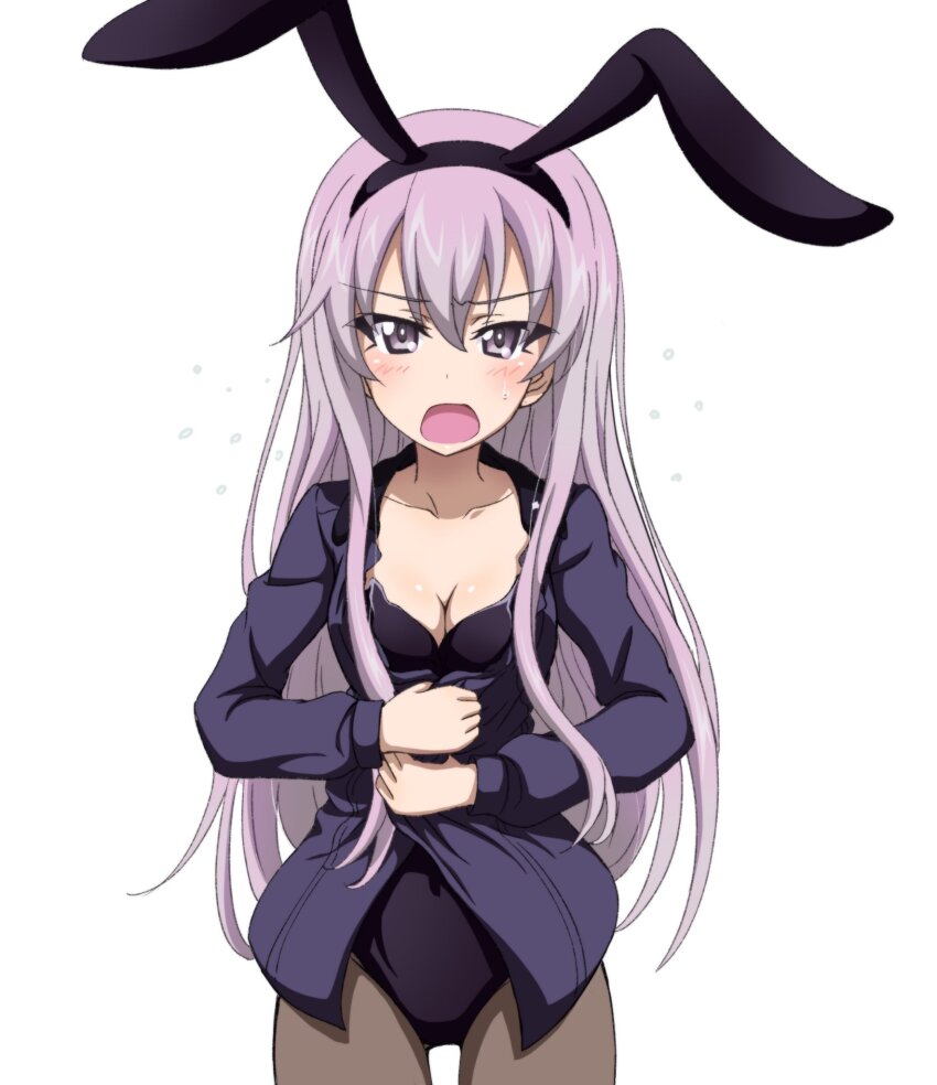 1girl adapted_costume angry animal_ear_hairband animal_ears anime_coloring black_leotard black_pantyhose blush breasts cleavage collarbone collared_shirt commentary_request commission covering_stomach fake_animal_ears frown girls_und_panzer girls_und_panzer_little_army grey_shirt hairband highres key_(gaigaigai123) kuromorimine_military_uniform leotard leotard_under_clothes long_hair long_sleeves open_clothes open_mouth open_shirt pantyhose pink_eyes pink_hair rabbit_ear_hairband rabbit_ears sheska_(girls_und_panzer) shirt simple_background skirt strapless strapless_leotard unbuttoned unworn_skirt white_background