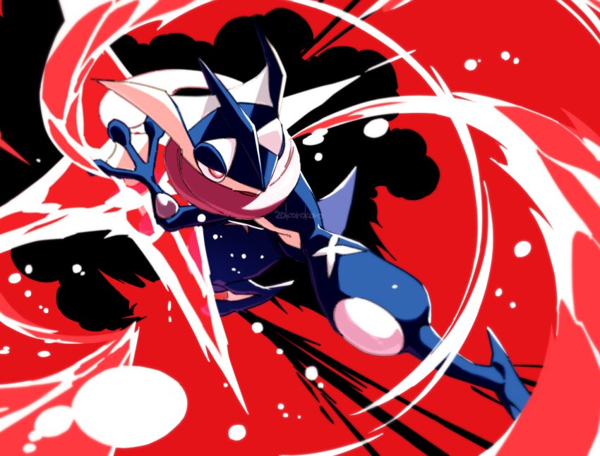 artist_name full_body gen_6_pokemon greninja highres korosliszt nintendo pokemon pokemon_(creature) pokemon_move red_background red_eyes red_water shuriken solo standing tongue tongue_out water water_shuriken_(pokemon) weapon webbed_feet webbed_hands