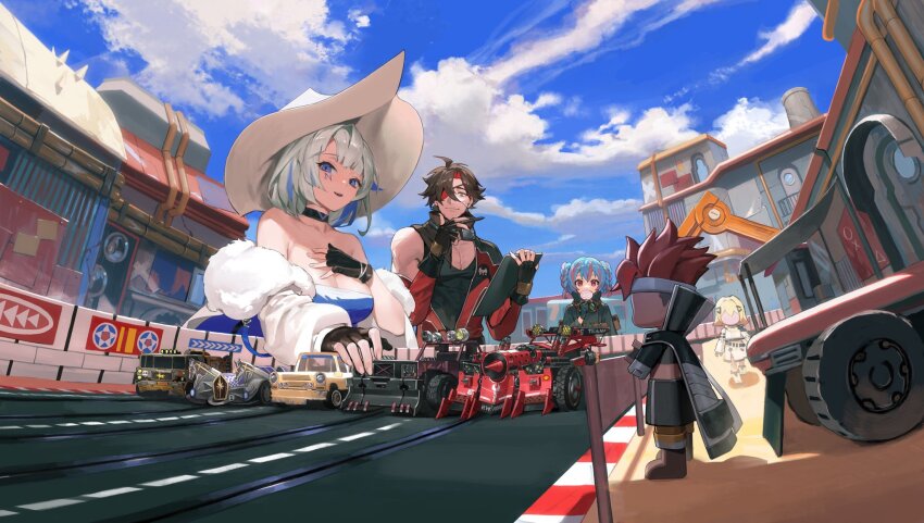 1boy 2girls alchemy_stars azure_(alchemy_stars) bare_shoulders black_gloves black_jacket black_shirt blue_eyes breasts brown_hair building candy character_doll choker cleavage clipboard closed_mouth cloud day dress eyepatch fingerless_gloves food gloves grey_hair hand_on_own_chest hat highres holding holding_pen jacket ka_4maki large_breasts lollipop multicolored_hair multiple_girls official_art open_mouth outdoors pen red_jacket roy_(alchemy_stars) shawl shirt short_hair sinsa_(alchemy_stars) smile strapless strapless_dress streaked_hair tank_top toy_car vice_(alchemy_stars) white_hat zeta_(alchemy_stars)