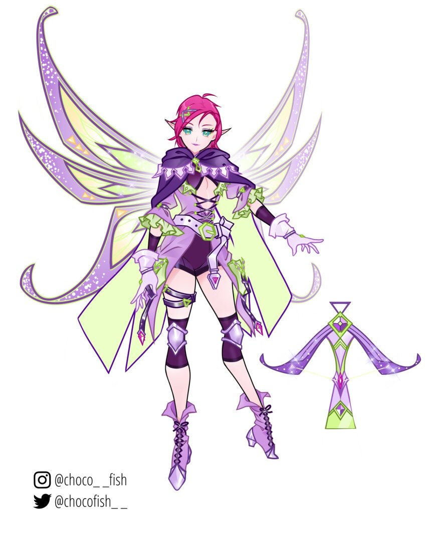 1girl ahoge alternate_costume aqua_eyes bad_id bad_twitter_id belt belt_buckle black_belt boots bow_(weapon) bracelet buckle chocofish cleavage_cutout cloak closed_mouth clothing_cutout commentary cross-laced_clothes cross-laced_dress crossbow crossed_belts dress english_commentary eyelashes fairy fairy_wings frilled_sleeves frills full_body gloves green_cloak green_wings hair_ornament hair_ribbon hairclip high_heel_boots high_heels highres holster hood hood_down hooded_cloak jewelry knee_pads lace-trimmed_cloak lace-up_boots lace_trim leotard leotard_under_clothes lipstick long_sleeves magical_girl makeup medium_dress medium_hair multiple_belts oversized_wings pink_hair pink_lips pointy_ears pokemon_center puffy_long_sleeves puffy_sleeves purple_belt purple_boots purple_cloak purple_dress purple_gloves purple_leotard purple_ribbon purple_wings reference_sheet ribbon simple_background smile solo tecna_(winx_club) thigh_belt thigh_strap three-quarter_sleeves tress_ribbon two-sided_cloak two-sided_fabric two-tone_wings weapon white_background wings winx_club