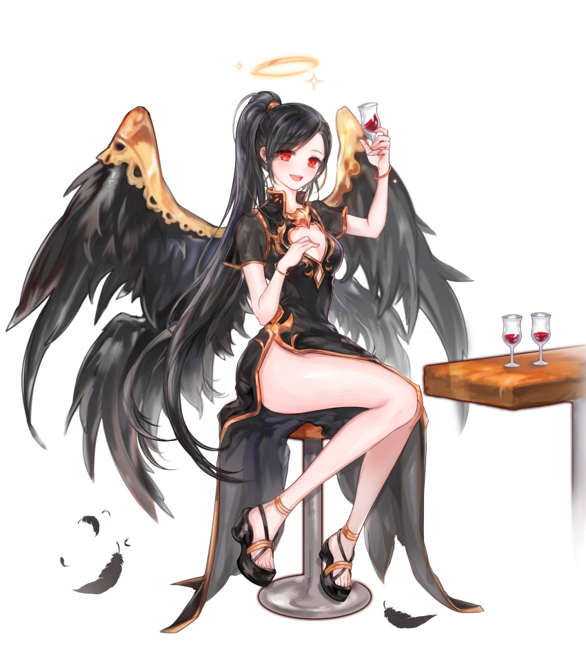 1girl 96dgd absurdres arm_up bar_stool bare_legs black_dress black_feathers black_footwear black_hair black_wings bracelet breasts cleavage_cutout clothing_cutout commission cup dress feathers full_body halo hand_on_own_chest highres holding holding_cup illien_(illien) jewelry looking_at_viewer mabinogi mabinogi_heroes medium_breasts multiple_wings on_stool open_mouth orange_trim original platform_footwear ponytail red_eyes side_slit simple_background sitting smile solo stool table teeth upper_teeth_only white_background wings yellow_halo