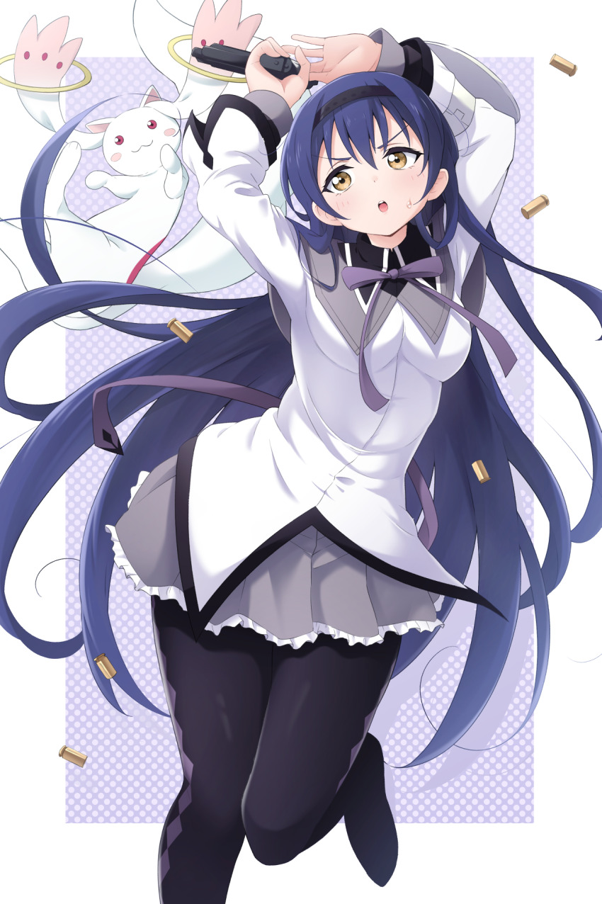 1girl :o akemi_homura akemi_homura_(cosplay) akemi_homura_(magical_girl) argyle_clothes argyle_pantyhose arms_up black_hairband black_pantyhose blue_hair border breasts commentary_request commission cosplay cowboy_shot facing_viewer floating_hair grey_skirt gun hair_between_eyes hairband highres holding holding_gun holding_weapon kirisaki_reina kyubey leg_up long_hair long_sleeves love_live! love_live!_school_idol_project magical_girl mahou_shoujo_madoka_magica mahou_shoujo_madoka_magica_(anime) neck_ribbon open_mouth outside_border pantyhose pleated_skirt polka_dot polka_dot_background purple_background purple_ribbon ribbon shell_casing shirt skeb_commission skirt solo sonoda_umi standing standing_on_one_leg sweatdrop teeth upper_teeth_only very_long_hair weapon white_border white_shirt yellow_eyes
