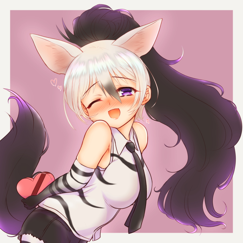 1girl aardwolf_(kemono_friends) absurdres animal_ears animal_print anteater_tail bare_shoulders black_hair blush elbow_gloves extra_ears gloves hair_between_eyes hakumaiya highres kemono_friends long_hair looking_at_viewer multicolored_hair necktie one_eye_closed open_mouth pantyhose ponytail print_gloves print_pantyhose shirt shorts sleeveless sleeveless_shirt smile tail two-tone_hair valentine white_hair
