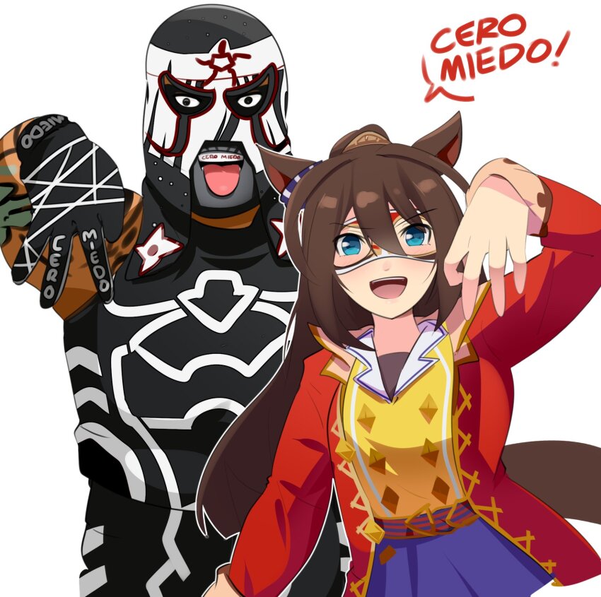 1boy 1girl :d animal_ears blue_eyes brown_hair commentary_request crossover domino_mask el_condor_pasa_(umamusume) hand_up highres holeecrab horse_ears horse_girl horse_tail jacket long_hair mask open_clothes open_jacket open_mouth pentagon_jr purple_skirt real_life red_jacket shirt simple_background skirt smile spanish_commentary spanish_text tail translation_request umamusume v-shaped_eyebrows white_background wwe yellow_shirt