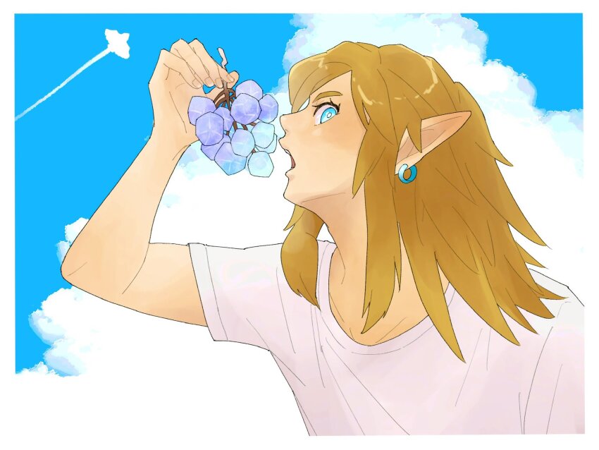 1boy arm_up blonde_hair border cloud commentary_request contrail crew_neck cropped_torso earrings eyelashes fingernails food highres holding holding_food jewelry link long_pointy_ears looking_to_the_side male_focus medium_hair nanananana0706 nintendo open_mouth parted_bangs piercing pointy_ears profile shirt short_sleeves sky solo the_legend_of_zelda the_legend_of_zelda:_breath_of_the_wild white_border white_shirt