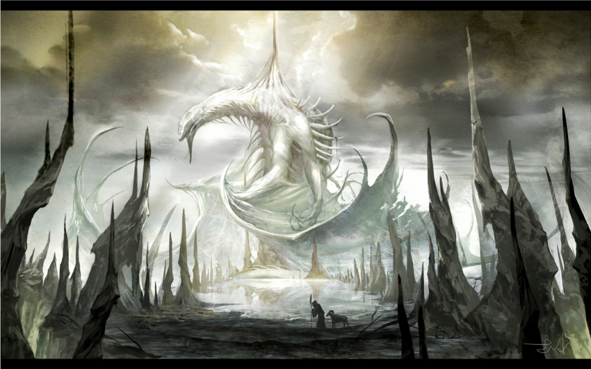 1other animal_focus cloud cloudy_sky dragon fantasy giant giant_monster goat grey_sky itotani_sairen letterboxed light_rays monster original outdoors scenery signature sky spikes stalagmite sunbeam sunlight torn_wings wings