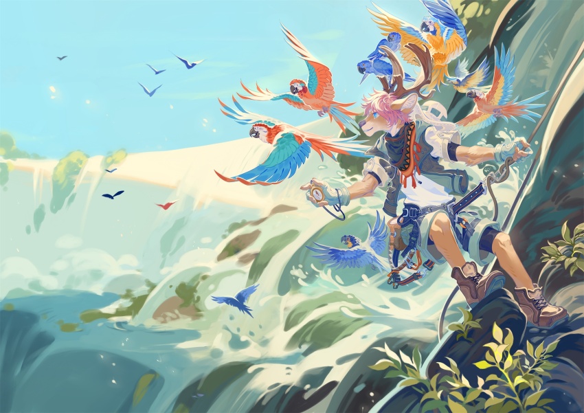 1boy animal_ear_fluff animal_ears ankle_boots antlers b.i.a bike_shorts bike_shorts_under_shorts bird black_scarf black_shorts blue-and-yellow_macaw blue_bird blue_eyes blue_sky boots brown_boots brown_vest cliff climbing commentary compass day deer_antlers deer_boy deer_ears drawstring fingerless_gloves full_body furry furry_male gloves green_shorts harness hat highres holding holding_compass holding_rope horns hyacinth_macaw lace-up_boots leather leather_boots looking_to_the_side macaw male_focus nature open_clothes open_vest original outdoors outstretched_arms parrot parted_lips pink_hair plant red-and-green_macaw red_bird rock rock_climbing rope safety_belt scarf scarlet_macaw shirt short_hair short_sleeves shorts simple_bird sky smile solo spread_arms symbol-only_commentary tassel thigh_harness unworn_headwear vest water waterfall white_gloves white_hat white_shirt wide_shot yellow_bird