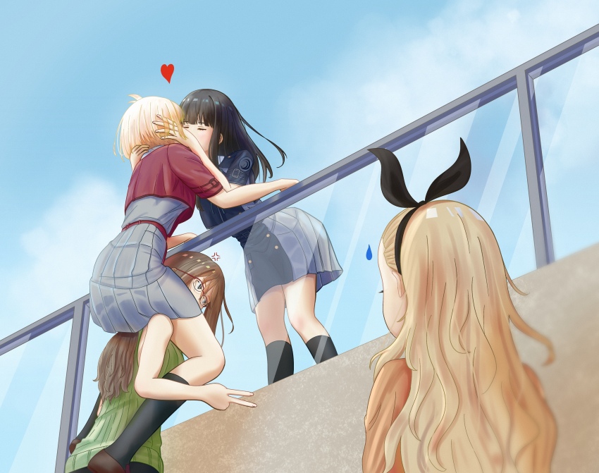 4girls absurdres anger_vein black_hair blonde_hair blue_sky bow brown_hair carrying closed_eyes cloud day glasses hair_bow hands_on_another&#039;s_face heart highres inoue_takina kiss kurumi_(lycoris_recoil) linhcoris long_hair lycoris_recoil lycoris_uniform meme multiple_girls nakahara_mizuki nishikigi_chisato otp_and_the_third_wheel_best_friend_(meme) outdoors red-framed_eyewear shoes short_hair shoulder_carry skirt sky socks sweatdrop v vietnamese_commentary yuri