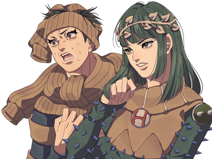 2boys absurdres black_hair brown_sweater commentary dainenjiyama_aisho green_eyes green_hair green_shirt hair_ornament higashikata_jobin highres jojo_no_kimyou_na_bouken jojolion leaf_hair_ornament long_hair male_focus multiple_boys open_mouth shirt short_hair siniy spiked_clothes spiked_shirt sweat sweater symbol-only_commentary teeth transparent_background upper_body white_background yagiyama_yotsuyu