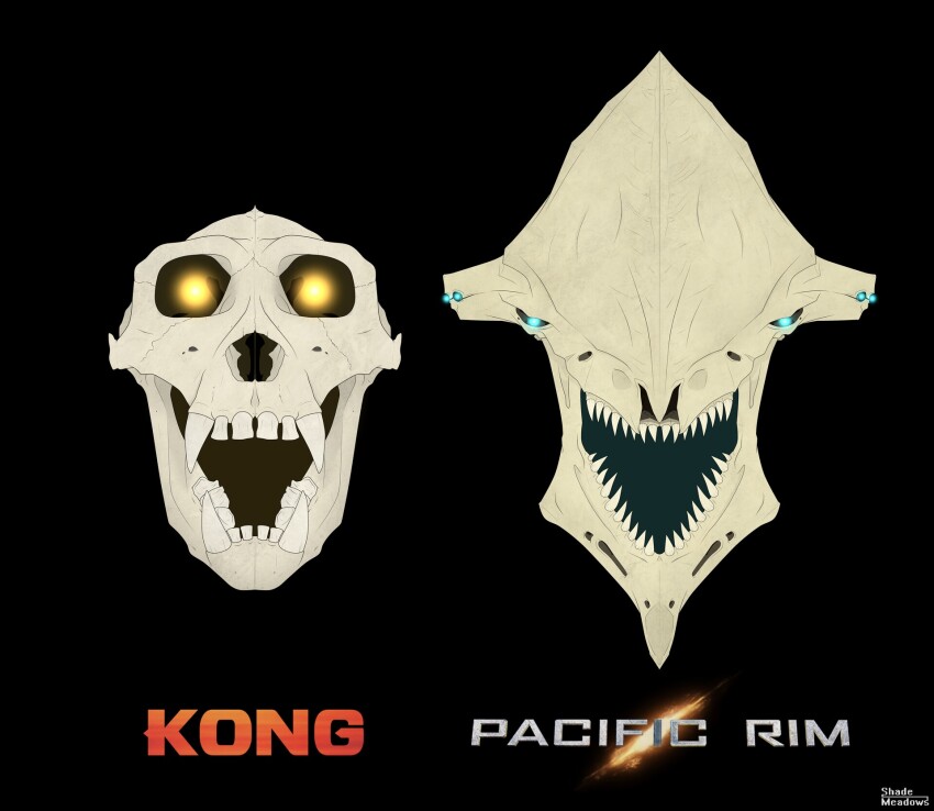 black_background blue_eyes bone company_connection crossover english_text extra_eyes fangs glowing glowing_eyes highres kaiju king_kong king_kong_(series) knifehead kong:_skull_island legendary_pictures looking_at_viewer monster monsterverse no_humans pacific_rim shade_meadows sharp_teeth simple_background skull teeth warner_bros yellow_eyes