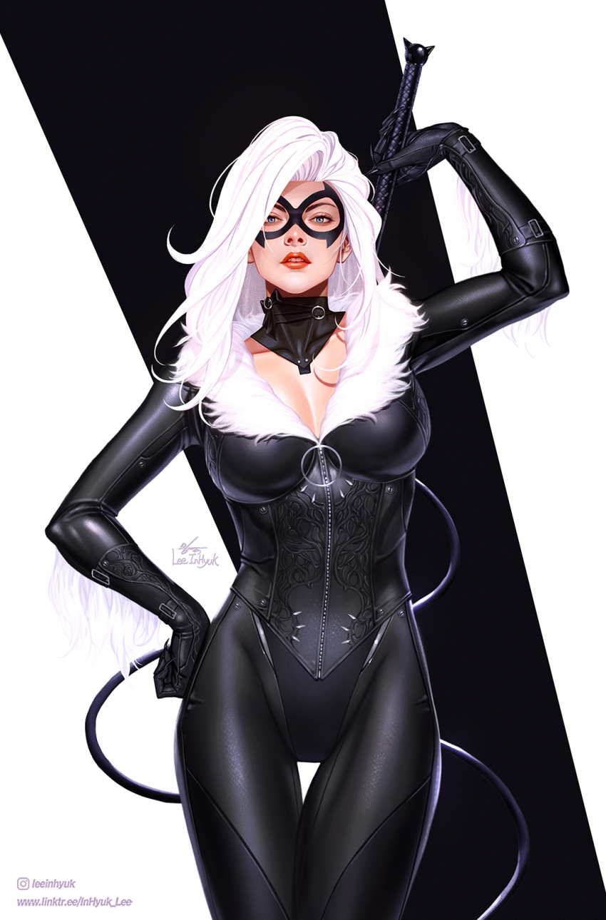1girl black_bodysuit black_cat_(marvel) black_mask bodysuit breasts cleavage domino_mask eye_mask felicia_hardy fur-trimmed_bodysuit highres holding holding_whip in-hyuk_lee large_breasts latex latex_bodysuit looking_at_viewer marvel mask official_art parted_lips realistic solo spider-man_(series) superhero_costume thigh_gap whip white_hair zipper zipper_pull_tab