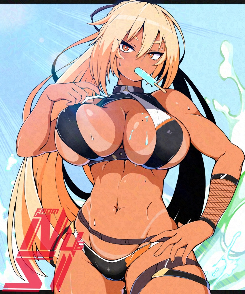 1girl abs artist_logo bikini bikini_top_pull black_bikini blonde_hair blush breasts cleavage eyebrows_hidden_by_hair food food_in_mouth food_on_body food_on_breasts groin hair_between_eyes hand_on_own_hip highres large_breasts logo long_hair looking_at_viewer mole mole_on_breast navel nuuuuuusi06 orange_eyes original ponytail popsicle popsicle_in_mouth skindentation solo splashing stomach sun sweat swimsuit tan tanline thigh_strap toned toned_female underboob very_long_hair
