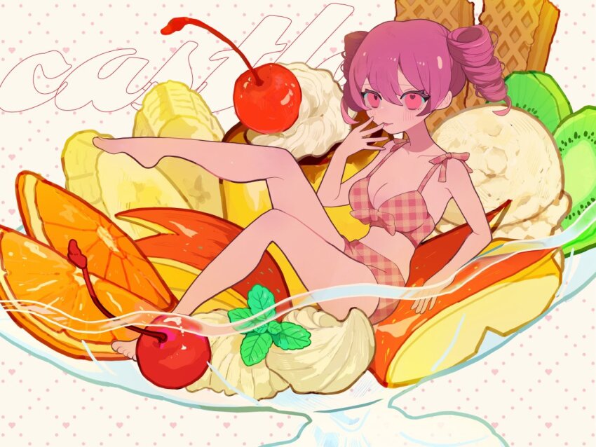 1girl apple apple_rabbit apple_slice banana banana_slice barefoot bikini breasts cherry drill_hair food food_art fruit full_body gingham_bikini in_food kiwi_(fruit) kiwi_slice leg_up medium_breasts mini_person minigirl orange_(fruit) orange_slice original pudding purple_hair s1ho_(ukiy0u0) solo swimsuit twin_drills