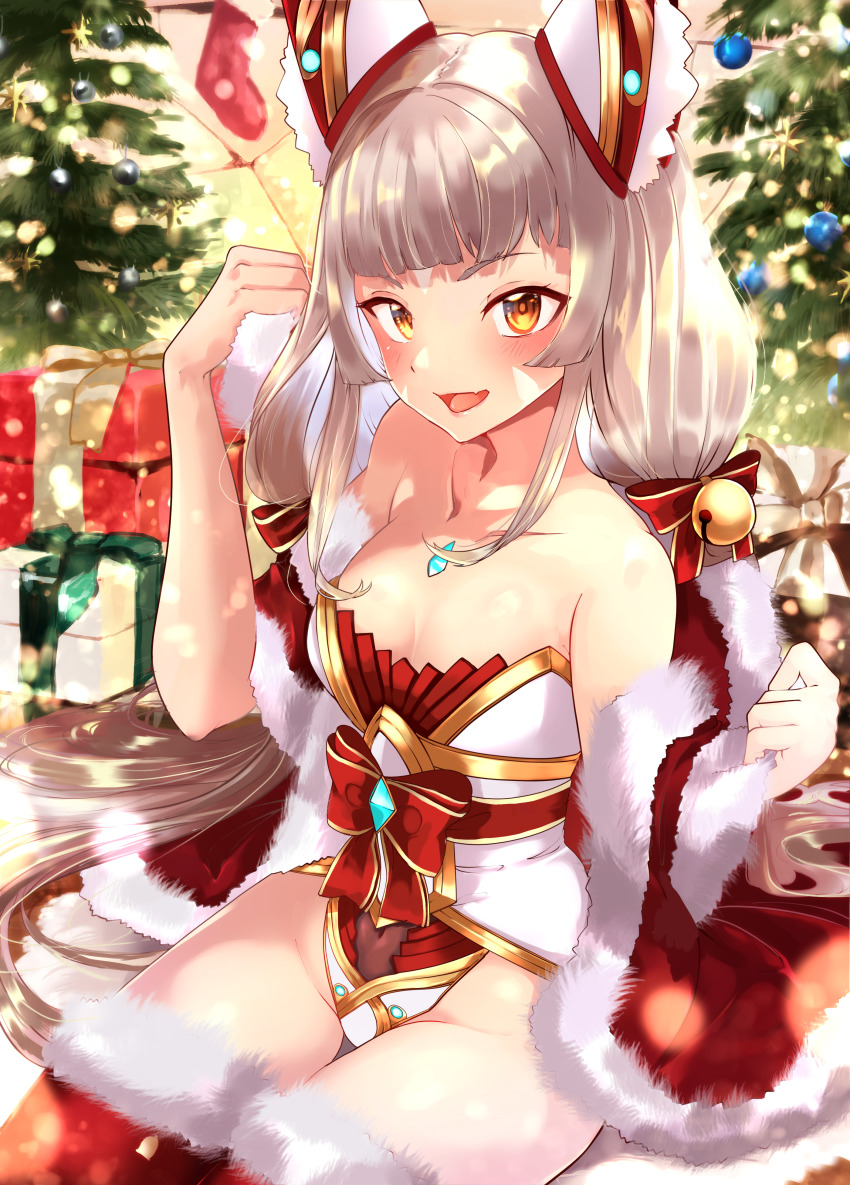 1girl absurdres animal_ears breasts cape cat_ears cat_girl chest_jewel christmas christmas_tree gift highres huge_filesize jewelry leotard long_hair nia nia_(blade)_(xenoblade) nia_(xenoblade) risumi_(taka-fallcherryblossom) silver_hair small_breasts solo spoilers tree very_long_hair xenoblade_chronicles_(series) xenoblade_chronicles_2 yellow_eyes