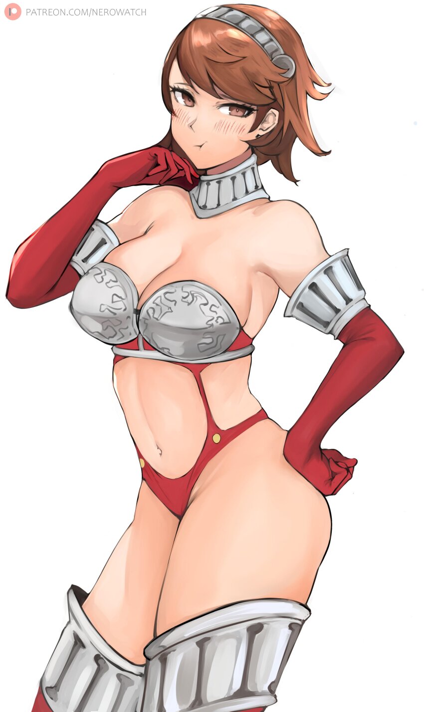 1girl :t absurdres alternate_breast_size armor bare_shoulders bikini bikini_armor blush breastplate breasts brown_eyes brown_hair cleavage closed_mouth cowboy_shot gloves hand_on_own_hip hand_up high-cut_armor_(persona) highres large_breasts leg_armor looking_at_viewer navel nero_watch patreon_logo patreon_username persona persona_3 pout red_bikini red_gloves short_hair simple_background solo stomach swimsuit takeba_yukari watermark web_address white_background