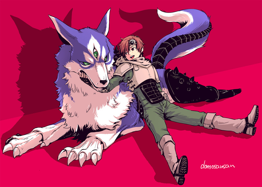 1boy armor black_gloves breastplate brown_eyes brown_footwear brown_hair cerberus_(megami_tensei) comp_(megami_tensei) demon_(megami_tensei) drop_shadow formal_clothes gloves green_eyes green_pants green_shirt green_suit hand_on_ground kazuya_(megami_tensei) leaning_back leaning_on_animal looking_at_animal male_focus monster on_ground pants partially_fingerless_gloves pink_background shawl shin_megami_tensei shin_megami_tensei_i shinabita_nasubi shirt shoulder_pads smile suit white_armor white_shawl