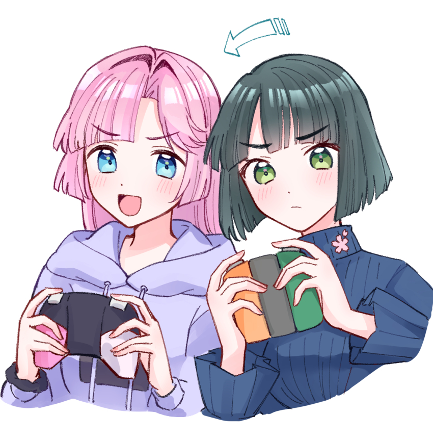 2girls :d anyoji_hime anyoji_hime_(winter_loungewear) arrow_(symbol) blue_eyes blue_sweater blunt_bangs blunt_ends bob_cut closed_mouth commentary controller cropped_torso frown game_controller green_eyes green_hair hair_intakes highres holding holding_controller holding_game_controller hood hood_down hoodie inverted_bob joy-con leaning_to_the_side link!_like!_love_live! long_hair long_sleeves loungewear love_live! momose_ginko momose_ginko_(winter_loungewear) multiple_girls nintendo_switch_pro_controller official_alternate_costume open_mouth pink_hair playing_games purple_hoodie ribbed_sweater short_hair sidelocks simple_background smile sweater swept_bangs symbol-only_commentary turtleneck turtleneck_sweater upper_body v-shaped_eyebrows very_long_hair virtual_youtuber white_background zangemiya