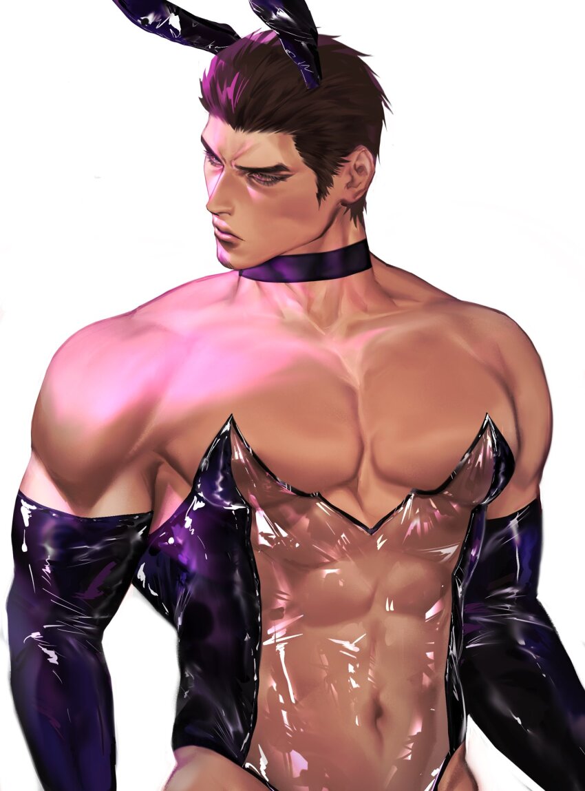 1boy animal_ears bara black_choker brown_eyes choker closed_mouth facial_hair fake_animal_ears gloves goatee hair_slicked_back highres kiryu_kazuma latex latex_gloves latex_leotard leotard looking_to_the_side male_focus male_playboy_bunny mature_male muscular muscular_male rabbit_ears ryuu_ga_gotoku_(series) short_hair simple_background solo sotenborinpc strapless strapless_leotard transparent_leotard upper_body white_background