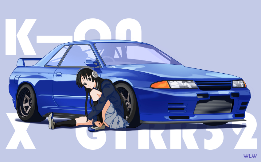 1girl absurdres akiyama_mio black_eyes black_hair black_socks blazer blue_car blue_jacket car chinese_commentary commentary_request copyright_name grey_skirt headphones highres jacket k-on! knee_up kneehighs long_hair long_sleeves motor_vehicle nissan nissan_skyline nissan_skyline_r32 passion03987438 pleated_skirt sakuragaoka_high_school_uniform school_uniform shoes sitting skirt socks solo spoiler_(automobile) sports_car uwabaki vehicle_focus white_shoes winter_uniform