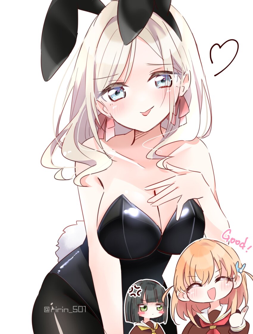 3girls :d :p ^_^ absurdres alternate_costume anger_vein animal_ear_hairband animal_ears bare_shoulders black_hair black_hairband black_leotard black_pantyhose blue_eyes blunt_bangs blunt_ends blush blush_stickers bob_cut breasts ceras_yanagida_lilienfeld chibi chibi_inset cleavage closed_eyes closed_mouth commentary cowboy_shot english_text fake_animal_ears fake_tail fingerprint grey_hair hair_ornament hair_ribbon hairband heart highres hinoshita_kaho large_breasts leaning_forward leotard link!_like!_love_live! long_hair looking_at_viewer love_live! medium_hair momose_ginko multiple_girls open_mouth orange_hair pantyhose parted_bangs pink_ribbon playboy_bunny rabbit_ear_hairband rabbit_ears rabbit_hair_ornament rabbit_tail ribbon ririn_(ririn_501) short_hair simple_background smile strapless strapless_leotard tail thumbs_up tongue tongue_out twitter_username v-shaped_eyebrows virtual_youtuber wavy_hair white_background