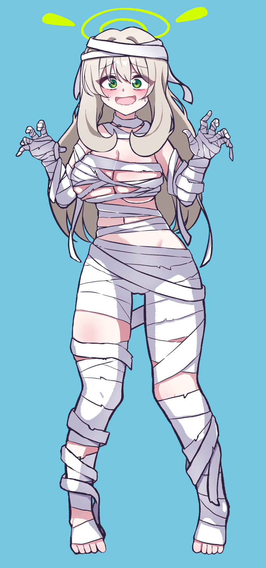 1girl absurdres bandaged_arm bandaged_chest bandaged_head bandaged_leg bandaged_neck bandages blue_archive blue_background breasts full_body green_eyes green_halo halloween_costume halo highres light_brown_hair mummy_costume naked_bandage nonomi_(blue_archive) panatisia simple_background solo