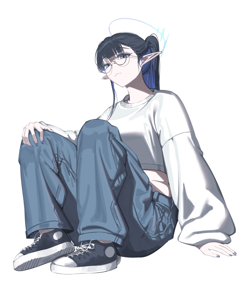1girl absurdres alternate_costume alternate_hairstyle black_hair black_shoes blue_archive blue_hair blue_pants chojja closed_mouth colored_inner_hair glasses highres long_hair looking_at_viewer multicolored_hair pants pointy_ears ponytail rin_(blue_archive) round_eyewear shirt shoes solo two-tone_hair white_shirt