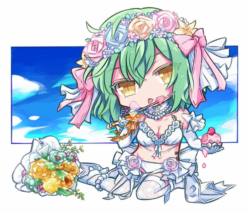bouquet bow bra breast_tattoo breasts bridal_legwear bridal_lingerie bride chibi chibi_only cleavage cupcake elbow_gloves enishi-tt flower food food_on_face gloves green_hair head_wreath highres hikage_(senran_kagura) hip_tattoo icing knife lace lace-trimmed_legwear lace_trim large_breasts licking licking_blade licking_weapon lingerie machete medium_hair nontraditional_wedding_dress pink_bow ribbon senran_kagura senran_kagura_new_link sitting sky slit_pupils snake_print snake_tattoo tattoo thighhighs tongue tongue_out underwear wariza weapon white_bra white_ribbon white_thighhighs yellow_eyes