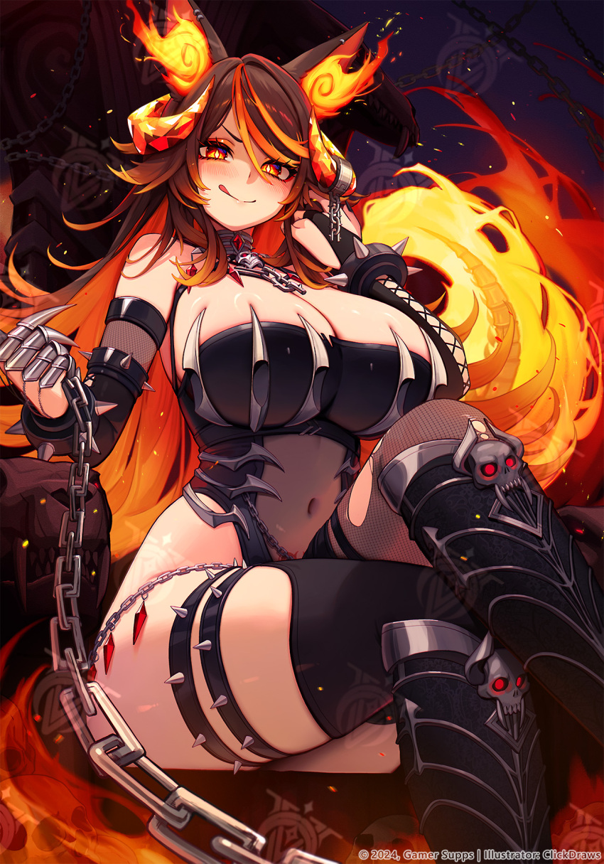 1girl :q animal_ears artist_name black_boots black_bridal_gauntlets black_leotard black_thighhighs blonde_hair blush boots breasts bridal_gauntlets broken broken_chain chain chain_leash cleavage clickdraws colored_inner_hair colored_tips copyright_notice crossed_legs diamond-shaped_pupils diamond_(shape) eyelashes fiery_ears fiery_tail gamer_supps hair_between_eyes highleg highleg_leotard highres holding holding_chain holding_leash horns indie_virtual_youtuber knee_boots large_breasts leash leotard multicolored_hair navel orange_hair pov see-through_clothes see-through_leotard sinder_(vtuber) sinder_(vtuber)_(demon_form) single_fishnet_legwear skull skull_ornament solo spiked_cuffs stomach_tattoo streaked_hair symbol-shaped_pupils tail tattoo thighhighs tongue tongue_out torn_clothes torn_thighhighs viewer_on_leash virtual_youtuber watermark wolf_ears wolf_girl