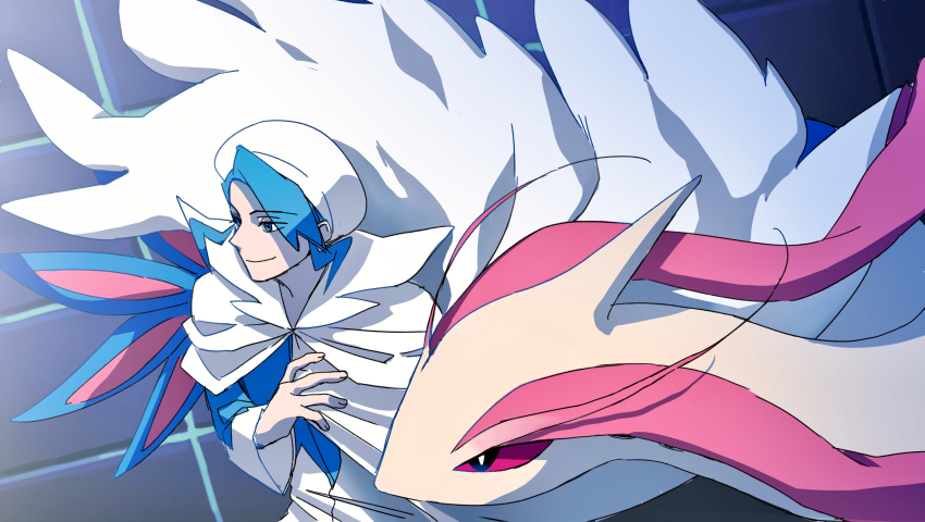 1boy blue_eyes blue_hair blue_shirt cloak closed_mouth commentary_request gen_3_pokemon hand_up hat highres kado_51 long_sleeves looking_to_the_side male_focus milotic nintendo pokemon pokemon_(creature) pokemon_emerald pokemon_rse shirt short_hair tile_wall tiles upper_body wallace_(pokemon) white_cloak white_hat