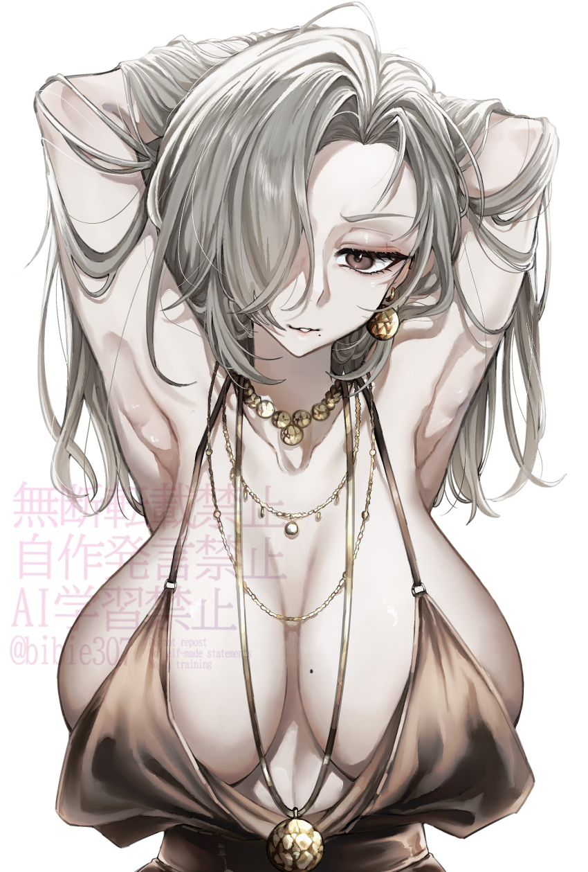 1girl absurdres armpits arms_behind_head arms_up bibie307 breasts brown_dress dress goddess_of_victory:_nikke grey_eyes grey_hair highres huge_breasts mrs._miss_(nikke) presenting_armpit revealing_clothes simple_background solo watermark white_background