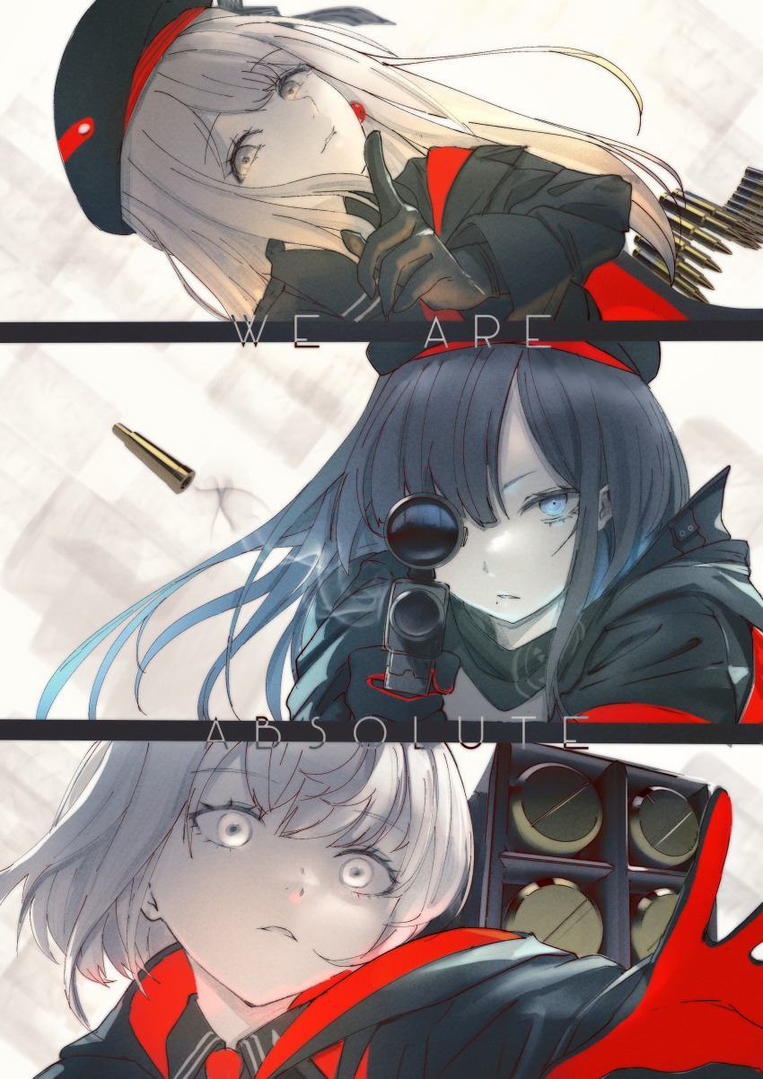 3girls absolute_(nikke) absurdres beret black_gloves black_hair black_jacket blue_eyes breasts brown_hair bullet closed_mouth commentary_request emma_(nikke) emma_(tactical_upgrade)_(nikke) eunhwa_(nikke) eunhwa_(tactical_upgrade)_(nikke) gloves goddess_of_victory:_nikke grey_hair gun hat highres holding holding_gun holding_weapon jacket long_hair long_sleeves looking_at_viewer mole mole_under_mouth multiple_girls necktie oval_blue oversized_hat red_necktie rifle rocket_launcher shell_casing shirt short_hair sniper_rifle upper_body vesti_(nikke) vesti_(tactical_upgrade)_(nikke) weapon yellow_eyes