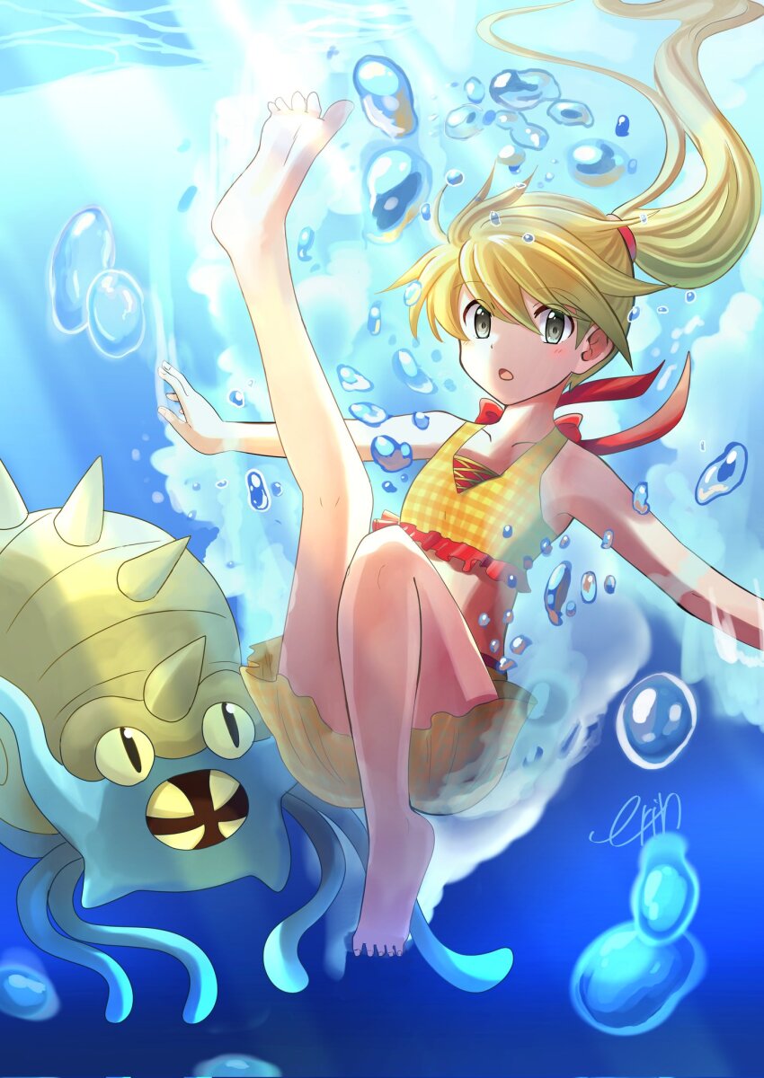 1girl :o bare_arms bare_legs bare_shoulders barefoot bikini blonde_hair blush bow bubble collarbone commentary_request erin_oekaki0803 frilled_bikini frills game_freak gen_1_pokemon hair_between_eyes highres leg_up long_hair nintendo omastar open_mouth pokemon pokemon_(creature) pokemon_adventures ponytail red_bow shell spikes swept_bangs swimsuit underwater yellow_(pokemon) yellow_bikini yellow_eyes