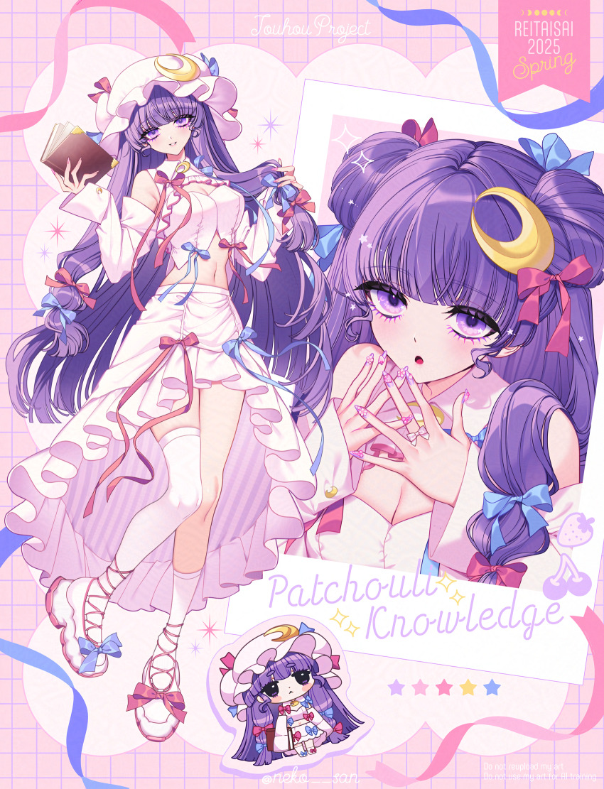 1girl :&lt; adapted_costume blue_bow blue_ribbon book bow breasts character_name chibi cleavage cleavage_cutout closed_mouth clothing_cutout collared_shirt commentary_request copyright_name crescent crescent_hair_ornament crescent_hat_ornament detached_sleeves double_bun full_body hair_bow hair_bun hair_ornament hat hat_ornament highres holding holding_book holding_own_hair large_breasts long_hair long_sleeves looking_at_viewer midriff multiple_hair_bows multiple_views nail_polish navel neko-san_(dim.dream) open_mouth patchouli_knowledge photo_(object) pink_hat pink_ribbon pink_shirt pink_skirt pink_sleeves purple_eyes purple_hair purple_nails red_bow ribbon shirt single_sock single_thighhigh skirt sleeveless sleeveless_shirt smile socks solo star_(symbol) thighhighs touhou very_long_hair white_socks white_thighhighs