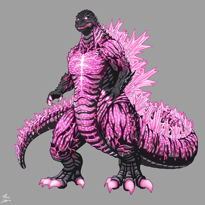 alternate_color bioluminescence burning_godzilla claws elbow_spikes fangs full_body giant giant_monster gills glowing glowing_claws glowing_eyes glowing_mouth glowing_spikes glowing_teeth godzilla godzilla_(monsterverse) godzilla_(series) godzilla_evolved godzilla_vs._destoroyah godzilla_x_kong:_the_new_empire highres jaw kaiju king_kong_(series) long_tail monster monsterverse no_humans phil-cho pink_eyes scales sharp_teeth spines tail teeth yellow_eyes