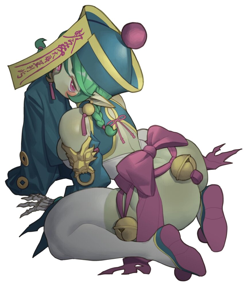 1girl all_fours arched_back ass bell blush bow colored_skin green_hair green_skin hat highres jewelry jiangshi jingle_bell original poch4n pointy_ears qingdai_guanmao skeletal_hand solo talisman thighhighs