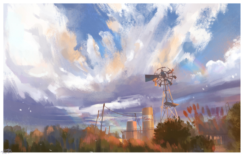 blue_sky border chinese_commentary cloud cloudy_sky commentary_request dated day farm light_particles no_humans original outdoors power_lines sanshui_guantang scenery signature sky tree wheat white_border windmill