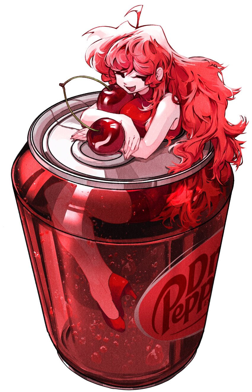 1girl absurdres breasts can cherry closed_eyes colored_skin dr_pepper food friday_night_funkin&#039; fruit girlfriend_(friday_night_funkin&#039;) highres large_breasts long_hair ohyaholla open_mouth pink_skin red_hair red_theme smile