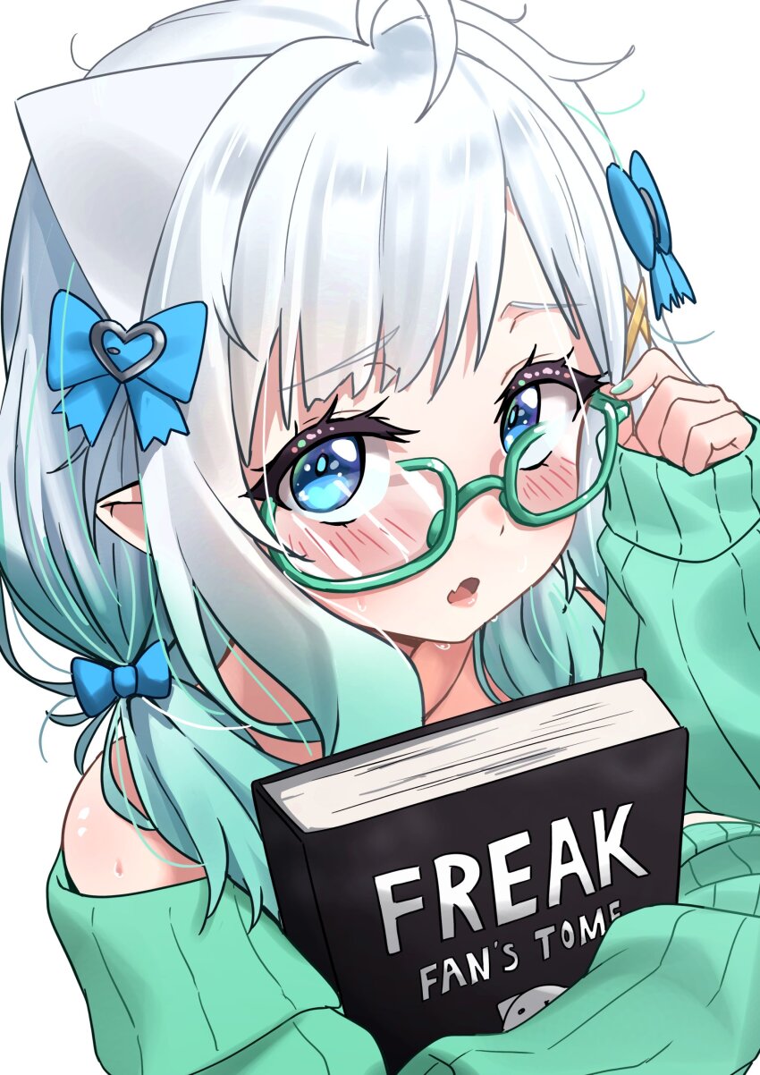 1girl absurdres adjusting_eyewear bespectacled blue_bow blue_eyes book bow fang ghostenjoyerguy7007 glasses gradient_hair green-framed_eyewear green_hair green_nails green_sweater hair_bow hashtag-only_commentary highres holding holding_book indie_virtual_youtuber long_sleeves looking_at_viewer medium_hair mint_fantome mint_fantome_(minto_2.0) multicolored_hair nail_polish off-shoulder_sweater off_shoulder open_mouth pointy_ears ribbed_sweater semi-rimless_eyewear simple_background skin_fang sleeves_past_wrists solo sweat sweater triangular_headpiece under-rim_eyewear virtual_youtuber white_background white_hair